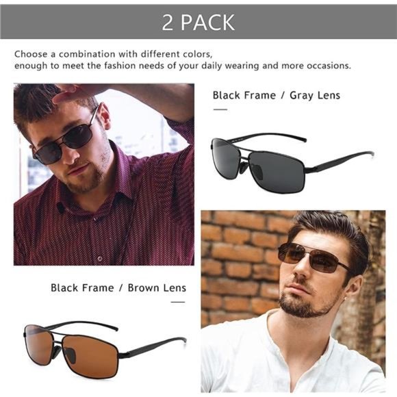 2 Pack Mens Ultra Lightweight Rectangular Polarized Sunglasses UV400 Protection - Picture 3 of 6